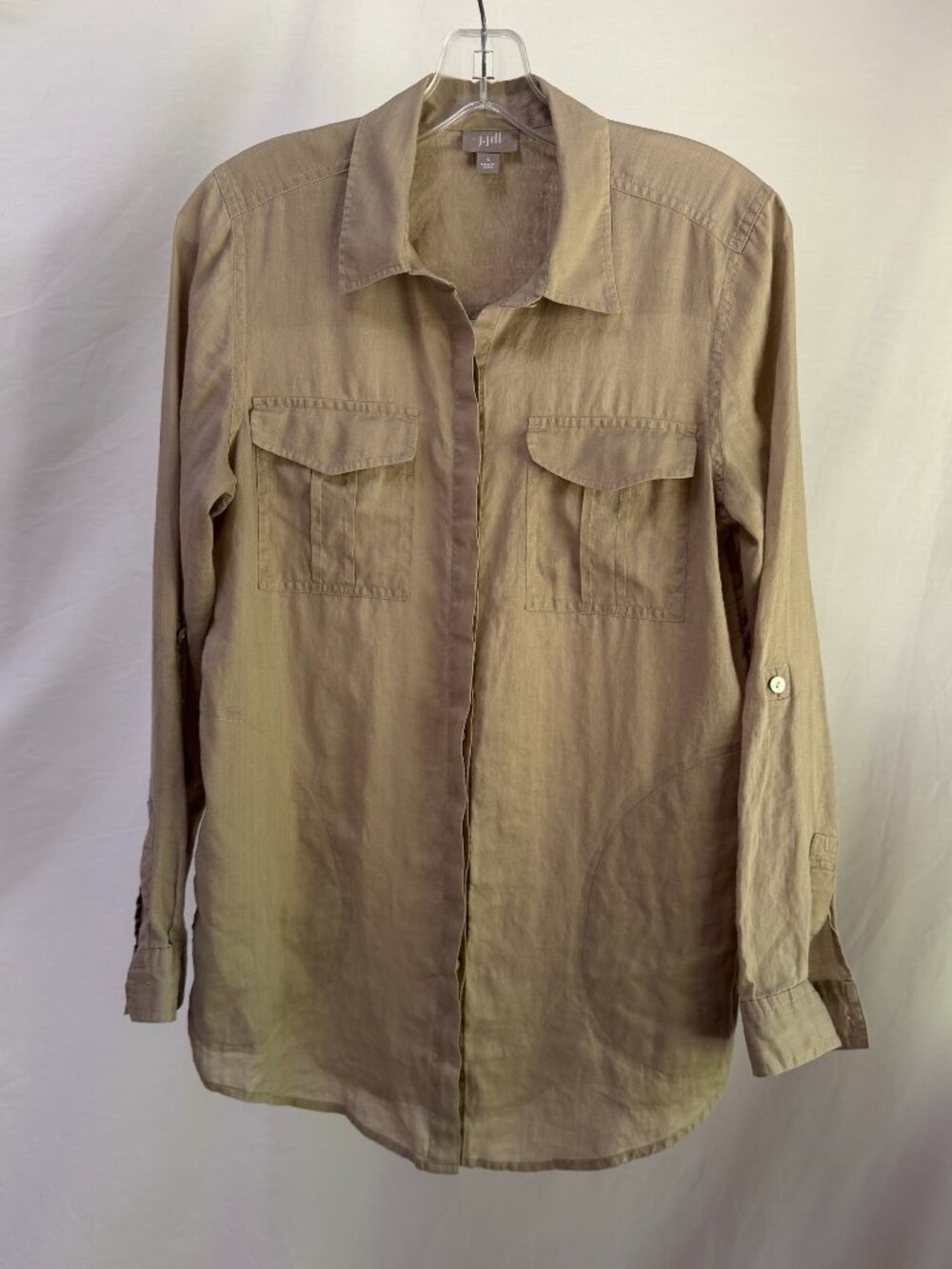 J JILL Long-sleeved Button-Down Tan Khaki Ramie Shirt with Four Pockets Size S